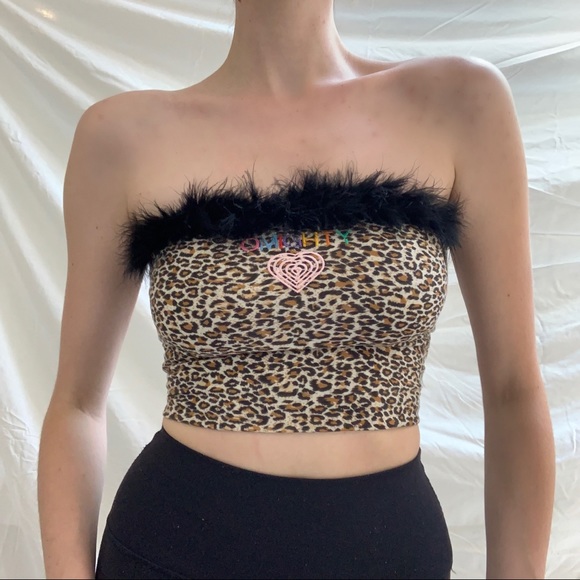 OMIGHTY Cheetah Print Feather Trim Tube Top - Picture 2 of 8
